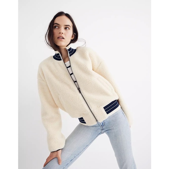 Madewell Jackets & Blazers - Madewell Sherpa Varsity Bomber Jacket in Ivory | Size XS